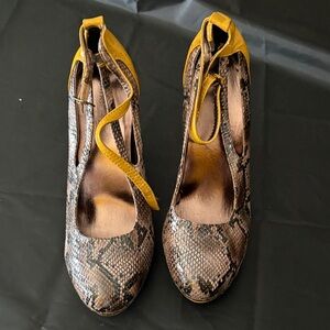 mark. Yellow and Brown Snake Print Heels